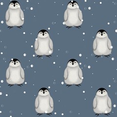 Cute penguin pattern celebrating New Year's Eve with a wintery snow backdrop