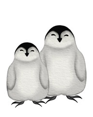Playful penguin chicks standing together against a white background in a cute illustration