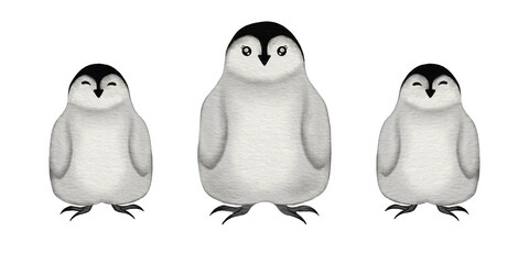 Three cute penguin chicks standing together with distinct expressions on a white background
