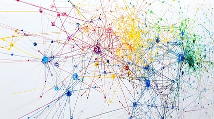 Abstract Colorful Network of Lines and Dots on White Background