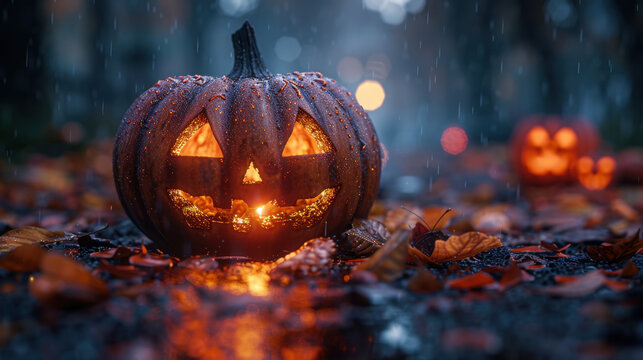 glowing jack o lantern sits amidst fallen leaves on rainy Halloween night, casting eerie light. atmosphere is filled with autumn vibes and hint of spookiness
