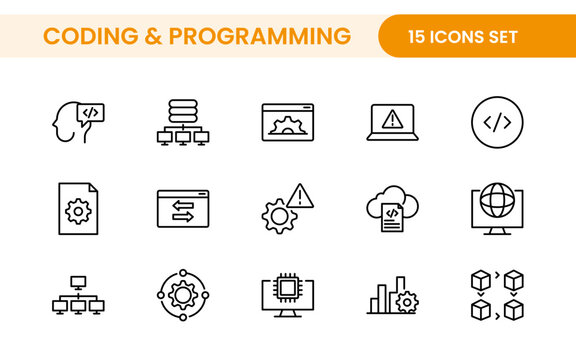 Programming coding set of web icons in line style. Software development icons for web and mobile app. Code, api, programmer, developer, information technology, coder and more.