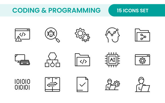 Programming coding set of web icons in line style. Software development icons for web and mobile app. Code, api, programmer, developer, information technology, coder and more.