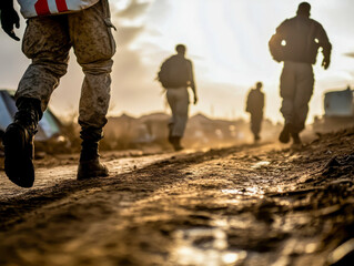 A group of soldiers are walking down a dirt road. The soldiers are wearing camouflage and carrying backpacks. Scene is serious and focused, as the soldiers are on a mission