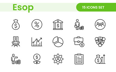 Outline icons about ESOP employee stock ownership plan. Contains such icons as company, win-win, scheme and benefits.