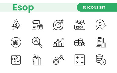 Outline icons about ESOP employee stock ownership plan. Contains such icons as company, win-win, scheme and benefits.
