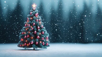 Obraz premium Christmas tree decorated with ornaments, snowy background, festive atmosphere.