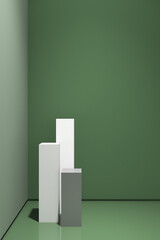 3d render of minimal design podium product mock up in green color background. Set 3