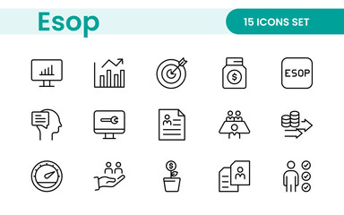 Outline icons about ESOP employee stock ownership plan. Contains such icons as company, win-win, scheme and benefits.