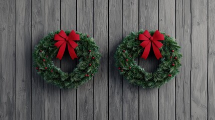 Fototapeta premium Christmas wreaths with red bows on rustic wooden background.