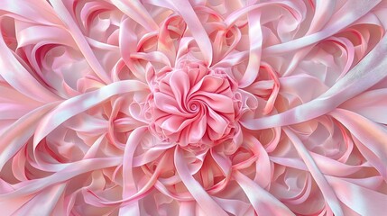 Fototapeta premium Elegant pink ribbon interwoven into an ornate mandala style pattern symbolic awareness design featuring meticulously detailed flourishes subtle metallic accents
