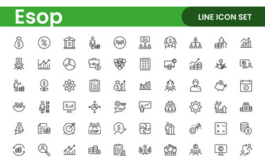 Outline icons about ESOP employee stock ownership plan. Contains such icons as company, win-win, scheme and benefits.