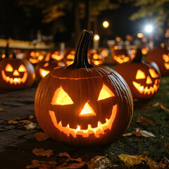 Fototapeta premium glowing jack o lantern with mischievous grin stands out among sea of carved pumpkins, creating festive Halloween atmosphere filled with joy and excitement