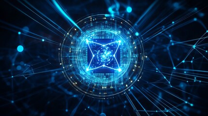 Obraz premium A 3D wireframe vector illustration showcasing an AI chip and an abstract digital atom icon against a technology background.