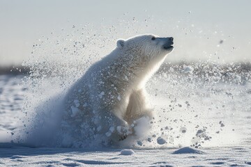 Fototapeta premium Polar bear shakes off snow from thick white fur, sending flurry of ice crystals into the air as surrounding tundra glistens under bright Arctic sun.