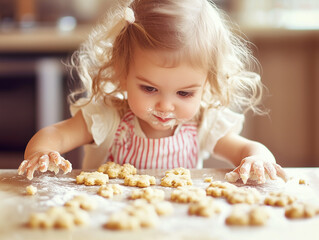 Two-year-old child baking cookies in the kitchen