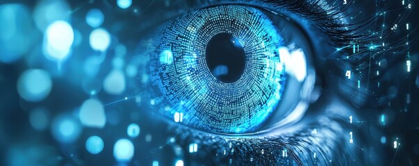Close-up of a blue digital eye with binary code, symbolizing technology, data analysis, and cybersecurity concepts