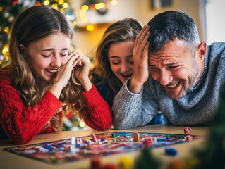 Fototapeta premium Family of mother, father, and two teens playing a board game at home around the table at Christmas