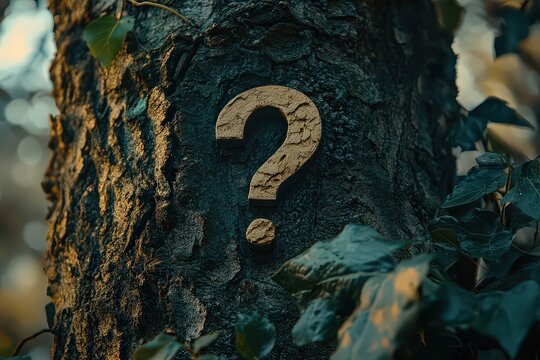 Wooden question mark embedded in tree trunk, surrounded by mysterious forest atmosphere, leaves draped over, symbolizing curiosity and unknowns in nature's landscape.