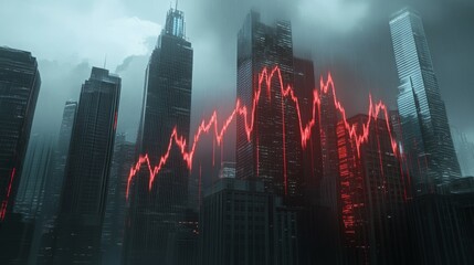 A cityscape with towering skyscrapers, with large, ominous red lines and downward graphs overlaying the buildings, symbolizing a market collapse