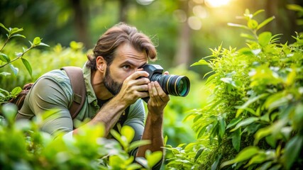 Fototapeta premium Photographer Capturing Nature's Beauty in Lush Green Forest