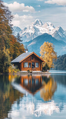 Fototapeta premium Idyllic Wooden House on a Mountain Lake