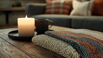Cozy home scene with a candle, mug, and knitted blanket on a wooden table.