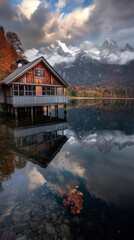 Idyllic Wooden House on a Mountain Lake