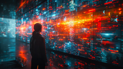 Fototapeta premium Futuristic Digital Video Archives Interface with Person Analyzing Large Data Screens in Cyberpunk City at Night