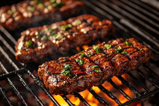  Biftek on hot grill, flames licking edges of meat, creating crispy char on outside while keeping inside tender and juicy, herbs scattered around.