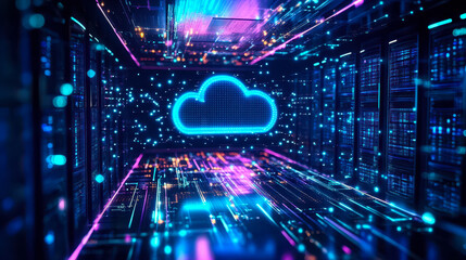 Hybrid Cloud Integration in Data Center with AI, Seamless On-Premises Infrastructure Connectivity, Futuristic Server Room