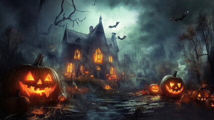 Fototapeta premium spooky Halloween scene featuring haunted house surrounded by glowing jack o lanterns and bats flying in eerie night sky. atmosphere is filled with mystery and excitement