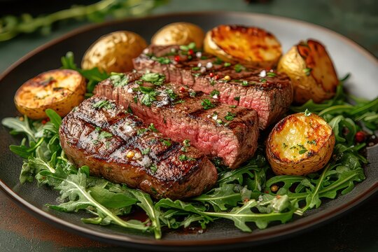  Biftek plated elegantly on bed of arugula, roasted fingerling potatoes, and light drizzle of red wine reduction, showcasing steak&rsquo;s rich, succulent texture.