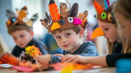 Children Wearing Homemade Turkey Headbands
