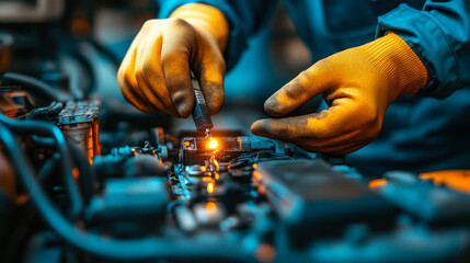Technician Hands Working on Car Battery Maintenance in Auto Repair Shop, Checking Electrical System Inside Vehicle, Automotive Repair Service, Orange Gloves, Close-up, Daytime
