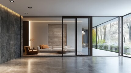Fototapeta premium Modern living room with large windows. Great for interior design or real estate websites.