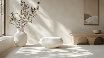 A minimalist interior with a white vase and wooden bench radiates calm simplicity.