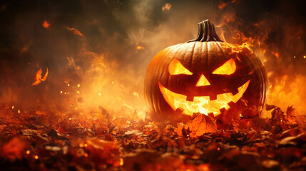 Naklejka premium glowing jack o lantern surrounded by autumn leaves creates spooky Halloween atmosphere. warm orange hues and flickering light evoke sense of festive excitement