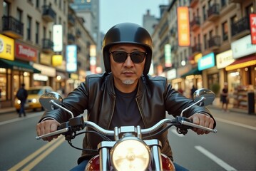 a man wearing a leather jacket and sunglasses is riding a motorcycle