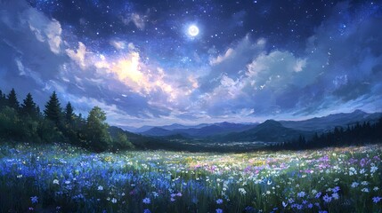 Moonlit Tranquility in a Serene Meadow