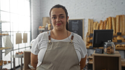 Young woman smiling in a bakery with baked goods in the background indoors