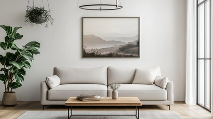 A cozy living room featuring a neutral sofa, coffee table, and landscape artwork.