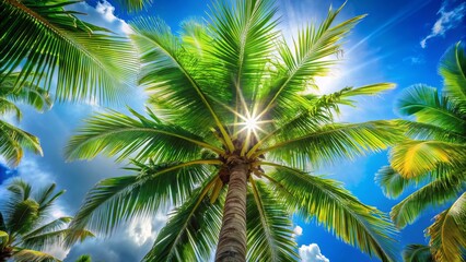 Fototapeta premium Tall, verdant palm trees reach toward a brilliant blue sky, with sunlight beautifully filtering through their foliage,