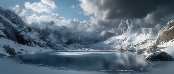 Dramatic snowy mountain landscape with a frozen lake surrounded by towering snow dusted peaks cinematic cloud formations casting shadows across the scene and captivating atmospheric lighting