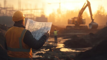 An engineer holding a detailed blueprint