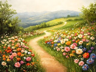 Tranquil meadow scene with a colorful array of blooming wildflowers a winding dirt path and soft rolling hills in the background serene natural lighting and an impressionist style rendering