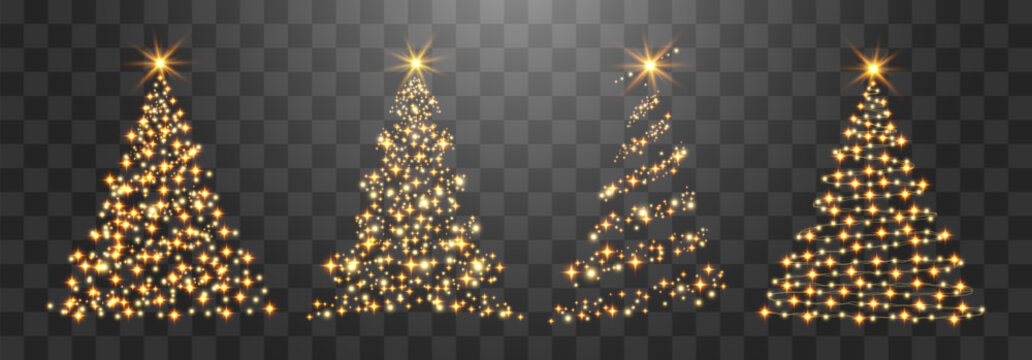 Set of shiny Christmas tree. Glittering lights in the form of a Christmas tree with bright shining and glowing particles. Golden glowing spruce in a luxurious design. Vector on png background
