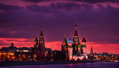 Silhouette of the Moscow skyline with st basils cathedral glowing under a bright red and dark, AI Generated