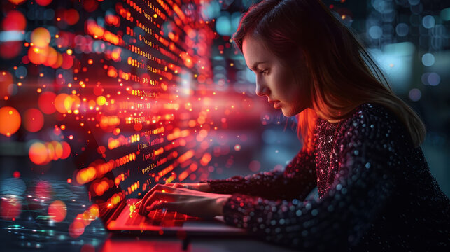 Focused Female Software Developer Coding on Laptop with JavaScript and Binary Code in Futuristic Setting, Vibrant Night Mood, Mobile App Development and Digital Software Technology