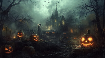 Haunting Halloween scene featuring glowing jack o lanterns, spooky church, and misty atmosphere. eerie landscape evokes feelings of mystery and fright